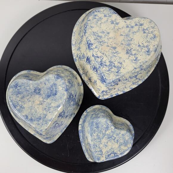 Vintage 3 pcs Set Heart Shaped Nesting Bowls White Blue Sponge Paint Pottery Art - Picture 16 of 16